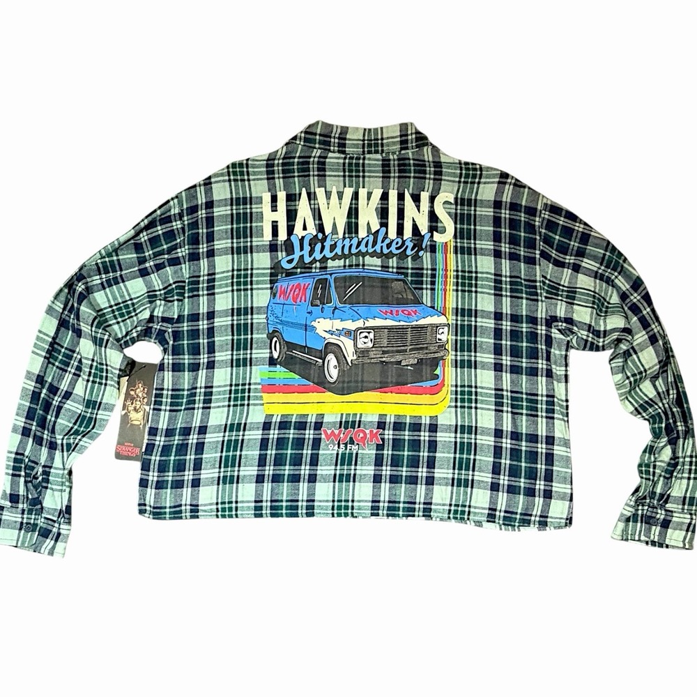 Netflix Stranger Things Cropped‎ Graphic Flannel Hawkins Hitmaker Women's L New